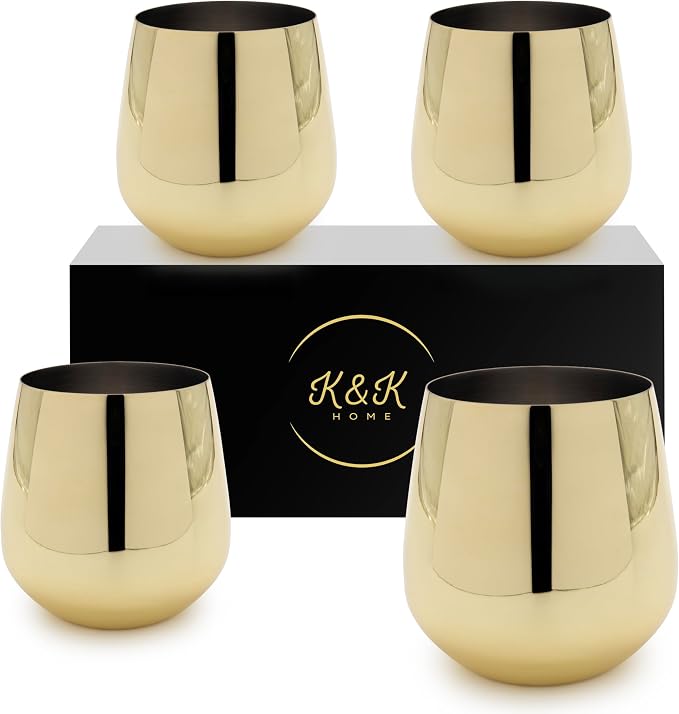 K&K Home Gold Stainless Steel Unbreakable Gold Stemless Wine Glasses - 15 oz - Set of 4 Colored, Stemless Metal Wine Glasses Perfect for Outdoors, Weddings, and Parties