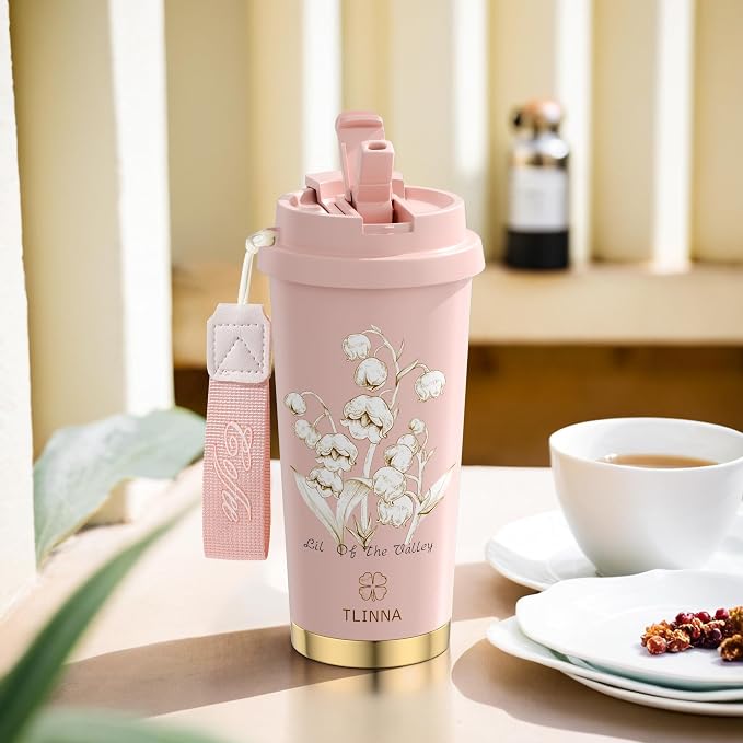 [2-IN-1 LID] Travel Mug,Coffe mug,Coffe cup,Ceramic coating Lined,316 Stainless Steel,BPA Free,Vacuum Insulated Tumbler for Water, Iced Tea or Coffee, Smoothie and More (Bell Orchid-Pink, 18 Ounces)