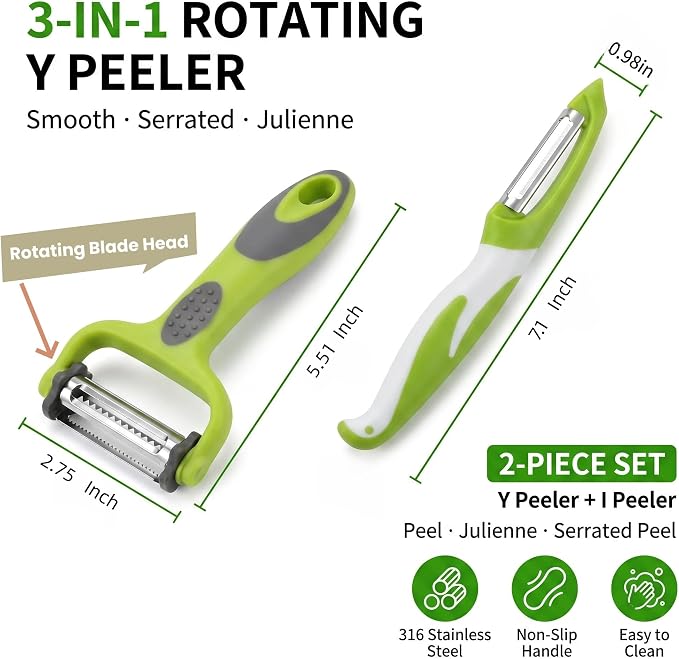 Razor-Sharp 4 In 1 Veggie Peelers For Kitchen Potato Peeler,2PCS I&Y Peeler For Peeling-Slicing-Shredding-Julienning-Excising,Vegetable Peeler With Rotary Stainless Blade& Non-Slip Handle
