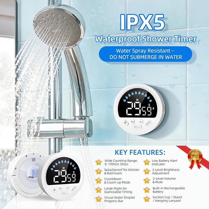 Waterproof Shower Timer for Bathroom Kitchen with Countdown Count-up, White | Large LED Display, 3 Brightness, 4 Volume, Battery Powered, Suction Cup Mounted Digital Stopwatch for Toilet Classroom
