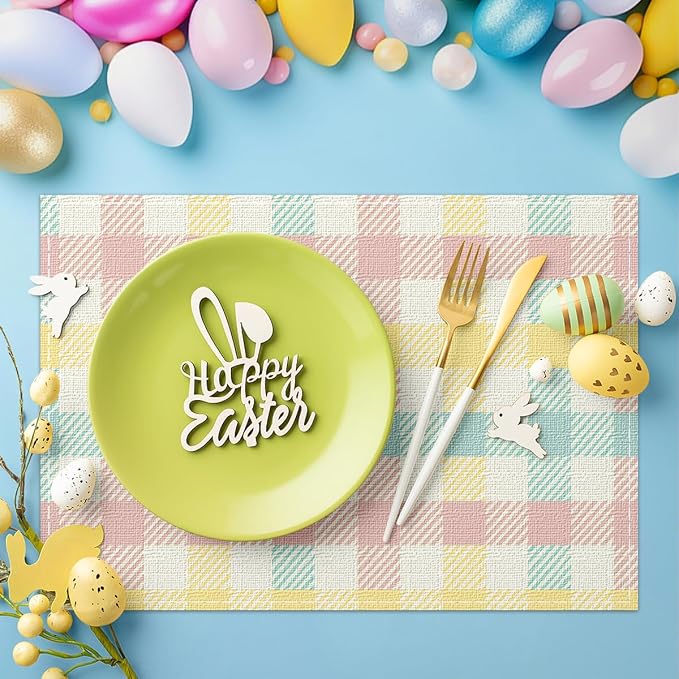 Buffalo Plaid Blue Pink Yellow Spring Easter Placemats Set of 6, 12x18 Inch Table Mats Easter Decor for Holiday Party Kitchen Dining Room Decoration
