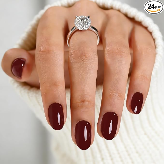 Dark Red Short Press On Nails, Oval Fake Nails with Nail Glue | Short Oval Fake Nails, Apply Protective UV coating,Salon Quality Nails in 12 Sizes - 24 Nail Kit with Glue