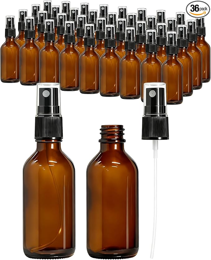 KEYWING 36 Pack 2oz Mini Amber Glass Spray Bottles for Essential Oils | Empty Small Fine Mist Spray Bottles Bulk for Cleaning, Hair, Travel, Plants, Skin Care