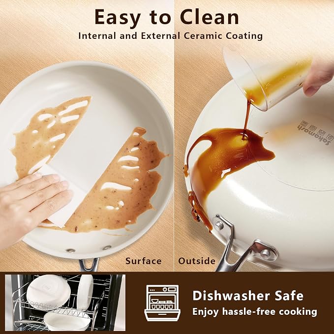 SAKAMOSH 9.5" Nonstick Ceramic Frying Pan, Non Toxic Pan, White | PTFE & PFAS & PFOA Free Ceramic Coating, Dishwasher/Oven Safe, Induction Compatible, Suitable for all Stovetops, Lightweight