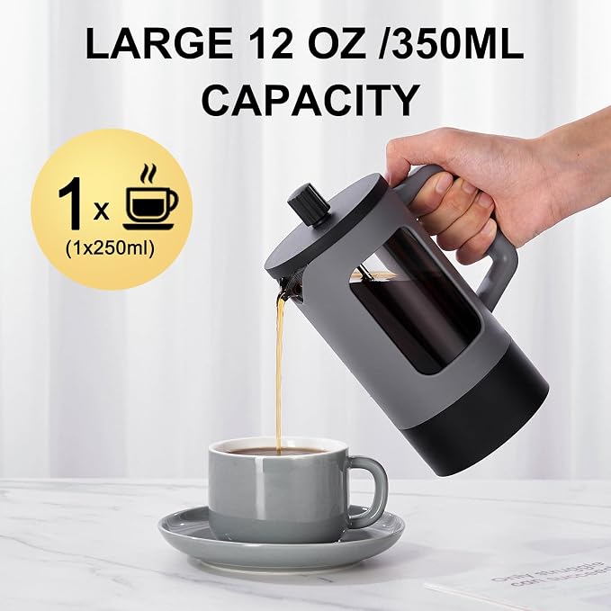 YOLIFE French Press Coffee Maker 12 oz, Camping Mini Coffee Press Grey | Heat-resistant Borosilicate Glass, Portable for Travel