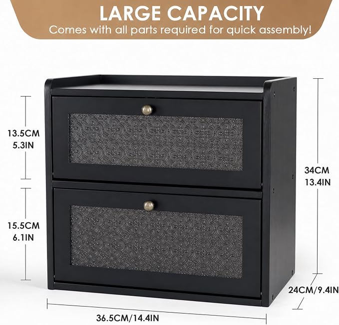 Sunhoo Bread Box for Kitchen Countertop, Large Pine Wood Breadbox, Black | Farmhouse Pantry Container, Double Layer Storage, Fresh Homemade Sourdough Bin, Vintage Textured Acrylic Door, Easy Assembly