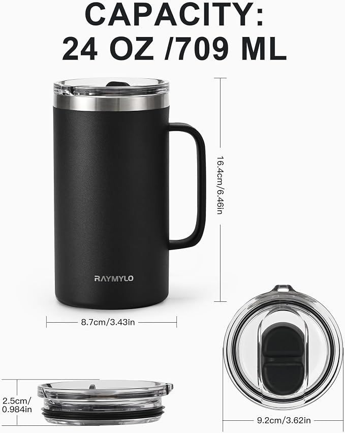 Insulated Travel Large Coffee Mug with Handle, Coffee Tumbler Cup 24oz | Detachable Lid for Thoroughly Clean, Thermal Cup with Double-Wall Stainless Steel Vacuum Insulation, Spill Proof & BPA Free