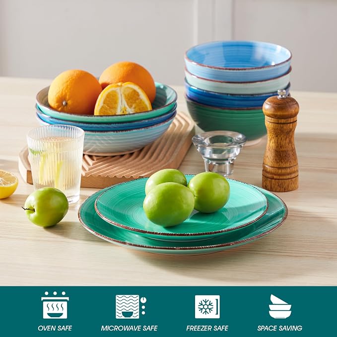 vancasso Bonita 10.5 Inch Ceramic Dinner Plates Set of 6, Cool Colors | Microwave and Oven Safe, Durable Glaze Resists Scratches and Chips, Set of 6 Stackable, Colorful Bonita Design, Salad Plates