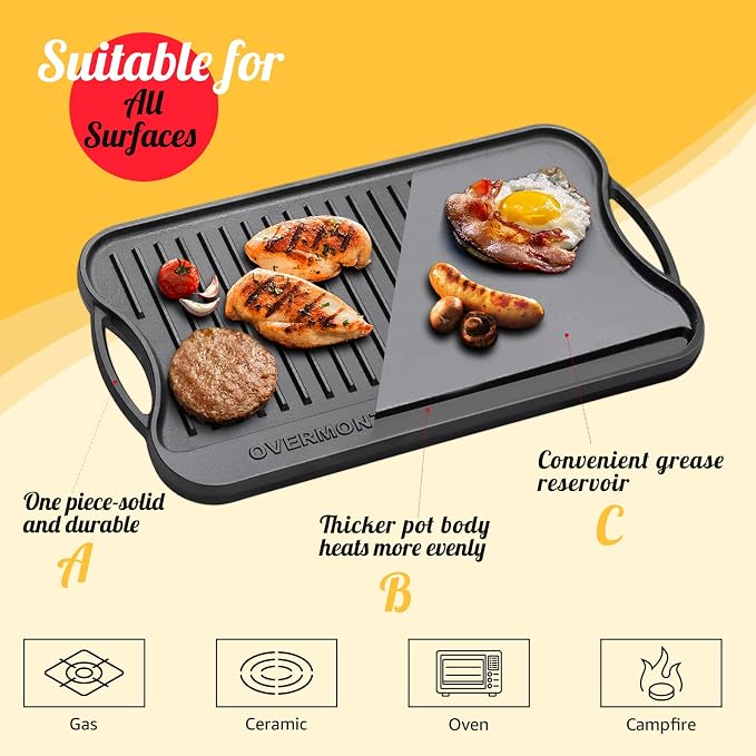 Overmont Reversible Cast Iron Grill - 17" x 9.8" Dual-Sided Griddle Pan | Pre-Seasoned Griddle Double Burner Cookware with Handles, for Gas Grill Stovetop Oven Campfire Camping BBQ, Scrapers Included