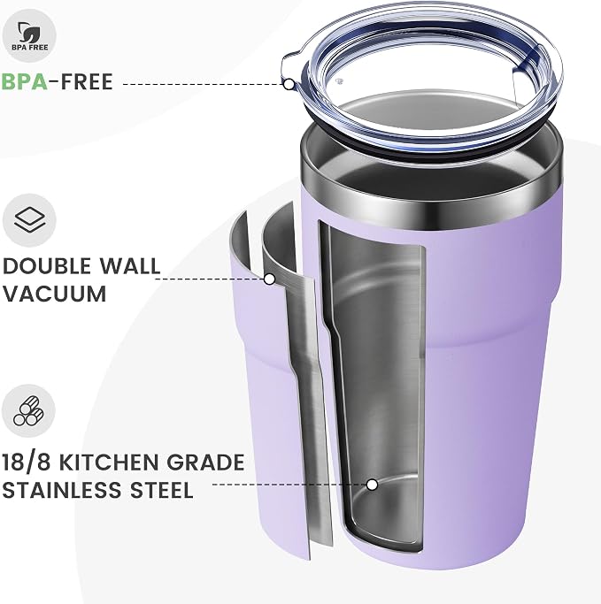 MEWAY 16oz Tumbler Double Wall Vacuum Insulated Travel Mug Bulk, Stainless Steel Tumblers with Lid, Powder Coated Coffee Cups for Cold & Hot Drinks (Lavender,6 Pack)