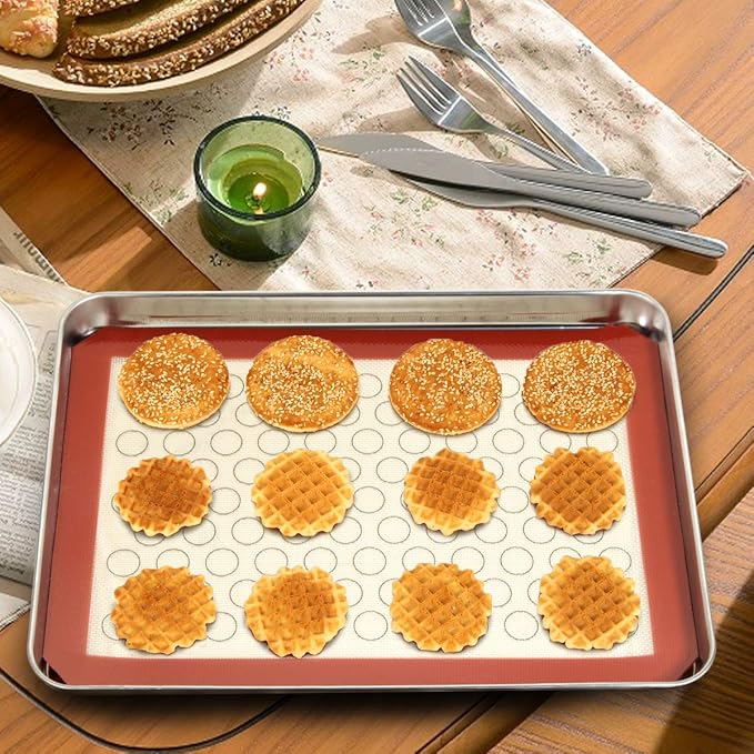 Wildone Baking Sheet with Silicone Mat Set, Set of 4 (2 Sheets + 2 Mats), Wildone Stainless Steel Cookie Sheet Baking Pan with Silicone Mat, Size 12 x 10 x 1 inch, Non Toxic & Heavy Duty & Easy Clean