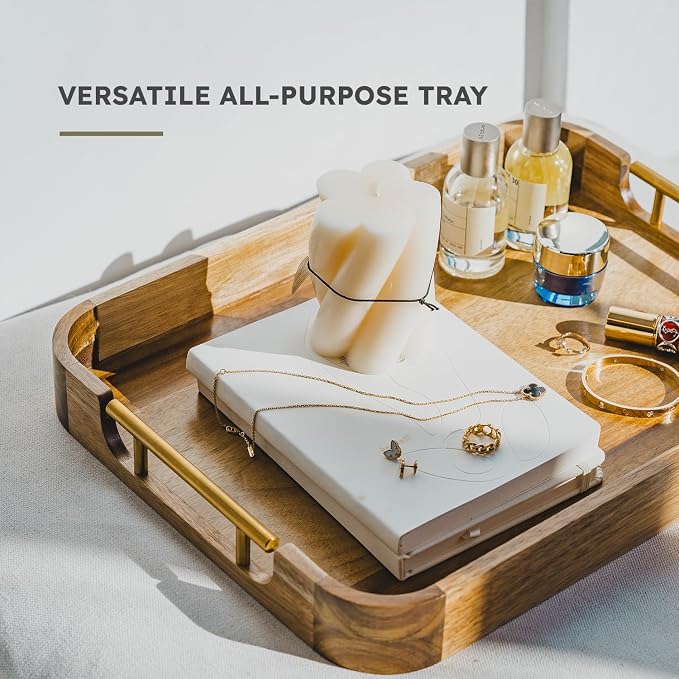 Acacia Wood Ottoman Tray with Handles, 17x13 Inch Rectangle Serving Tray for Coffee Table, Living Room & Breakfast, Decorative Wooden Ottoman Tray with Anti-Skid Pads (Gold Handle 01)