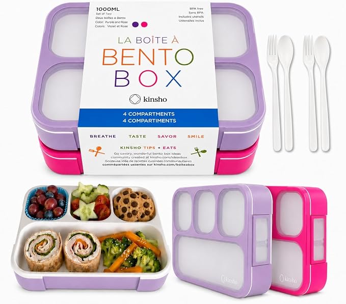 kinsho Bento Box Lunch Boxes for Kids Adults with Utensils, Pink & Purple | Meal & Snack Containers with 4 Divided Portion Compartments, Leak Proof School Work Travel Toddler Daycare BPA Free