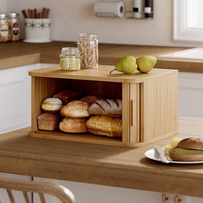 WOWLIVE Roll Top Bread Box for Kitchen Countertop, Bamboo Bread Storage | Airtight Bread Containers, Large Bread Bin with Sliding Door for Loaves, Bagels, Countertop Storage Cabinet, Natural, Medium
