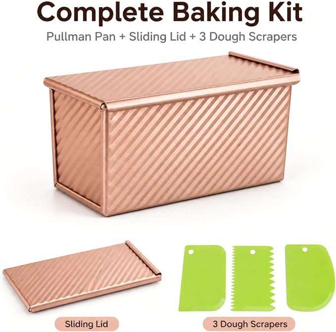 Pullman Loaf Pan with Lid, Aluminized Steel 1 Lb Nonstick Sandwich Bread Pan for Homemade Bread, 8.4x4.8 Inch Professional Rectangular Loaf Pan with Dough Scraper and Cutter