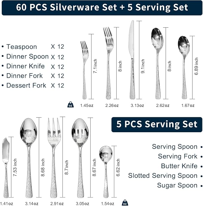 Silverware Set with Serving Utensils, 65 Piece Flatware Set, 18/10 Steel | Hammered Ripple Handles, Serving Utensils, 18/10 Steel, Dishwasher Safe, Rust Resistant, Gift Box, for Weddings & Parties