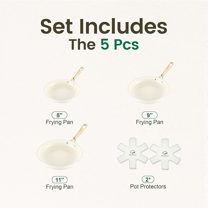 Ceramic Frying Pan with Stainless Steel handle 5Pcs Set, Non Stick Grill Pan Set, Dishwasher and Oven Safe, Cream White and Light Gold Handle