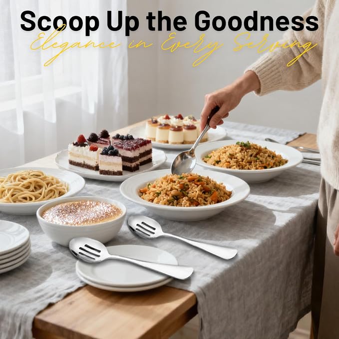 VIVANI 6-Piece Serving Spoons and Forks Set, 8.6 Inch Serving Utensils Set | 18/0 stainless steel, solid construction with weighted balanced handle, dishwasher safe for parties, buffet and catering