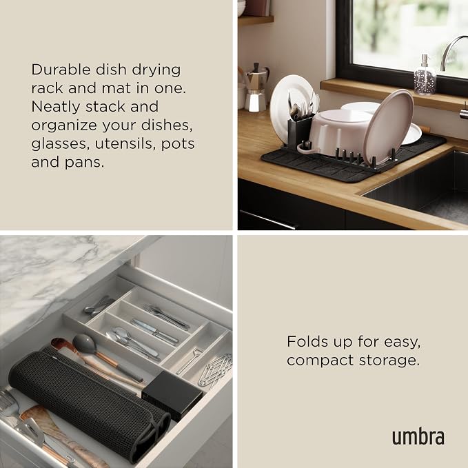 Umbra Udry Dish Drying Rack with Microfiber Mat, Foldable Drainer, Black | Machine washable, protects countertops, utensil holder, compact space saving design