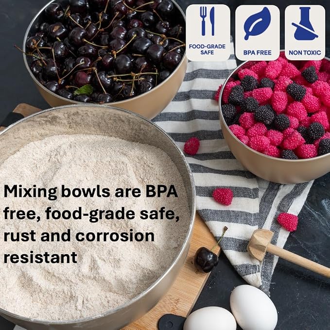Stainless Steel Mixing Bowls Set, 3-Piece with Silicone Base | 1.5, 3 & 5 Qt Metal Bowls for Meal Prep, Baking, Cooking, Serving & Food Storage, Non-Slip Base, Dishwasher Safe, Tan
