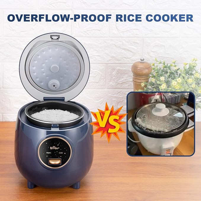 Bear Mini Rice Cooker, 2-Cup Uncooked, Nonstick, Keep Warm, BPA Free, Blue | Portable 1.2L nonstick small rice cooker for travel, dorm, single serve, One-touch operation, Removable pot, Auto keep warm