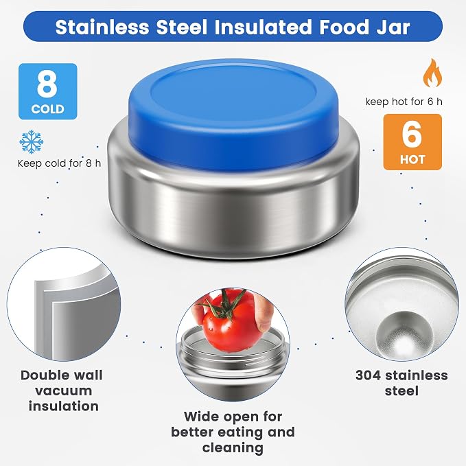 Stainless Steel Bento Box Kids Adult with 7oz Soup Thermo, Transparent Lid 3 Compartments Metal Bento Lunch Box with Insulated Food Jar,Lunch Box Container Sauce Cup for School,BPA-Free (Blue)