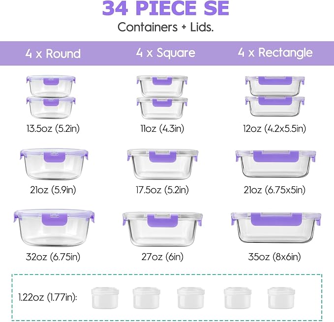 34pcs Glass Food Storage Containers with Lids Set, Airtight Glass Meal Prep Containers (17 Containers & 17 Lids), Leak Proof Lunch Container BPA-Free, Microwave, Oven, Freezer, Dishwasher Safe-Purple