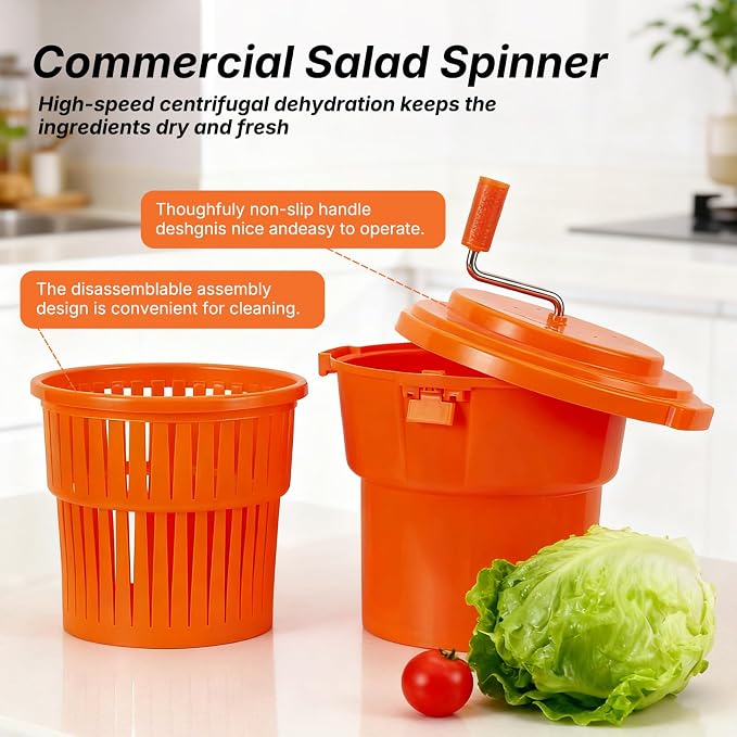 Hakka 2.5 Gallon Salad Spinner,Commercial Restaurant Manual Lettuce Dryer for Vegetable Fruit Dryer Mixer(Orange)