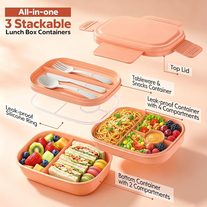 HOMETALL Bento Box Adult with Insulated Lunch Bag - 3 Stackable Leak-Proof Lunch Box Containers for Women & Men - BPA Free Lunchbox with Utensil Set (Spoon, Knife, Fork) for Work, Picnic, Dining Out