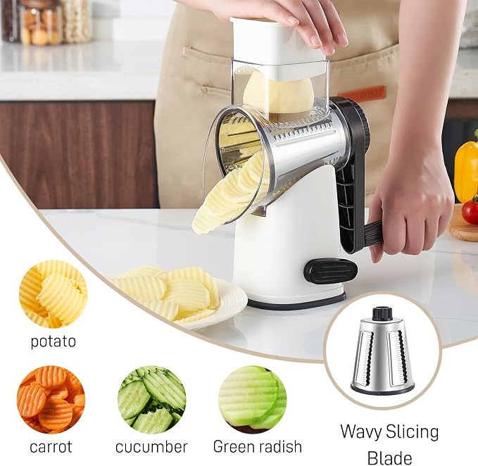 Weltonhm 4 in 1 Large Cheese Grater Hand Crank Rotary (White 4 Graters) | Cheese Shredder Rotary and Slicer with 4 Stainless Steel Blades for Vegetables, Veggie and Cheese, Stronger Suction Base