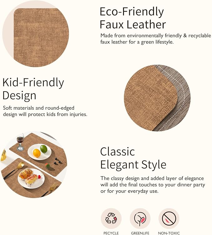 Maxpearl Faux Leather Placemats Set of 6, Easy to Clean, Brown | Waterproof - Heat Resistant - Non Slip - Wipe Clean Dining Table Place Mats, Suitable for Indoor & Outdoor Use, 17''×12''