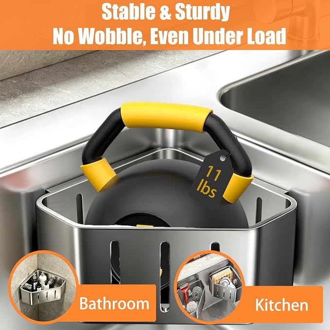 Suction Cup Sink Organizer, Stainless Steel Sink Caddy with Strong Suction Cups That Won't Tip Over, Large Capacity Kitchen Sink Organizer Countertop Space Saver