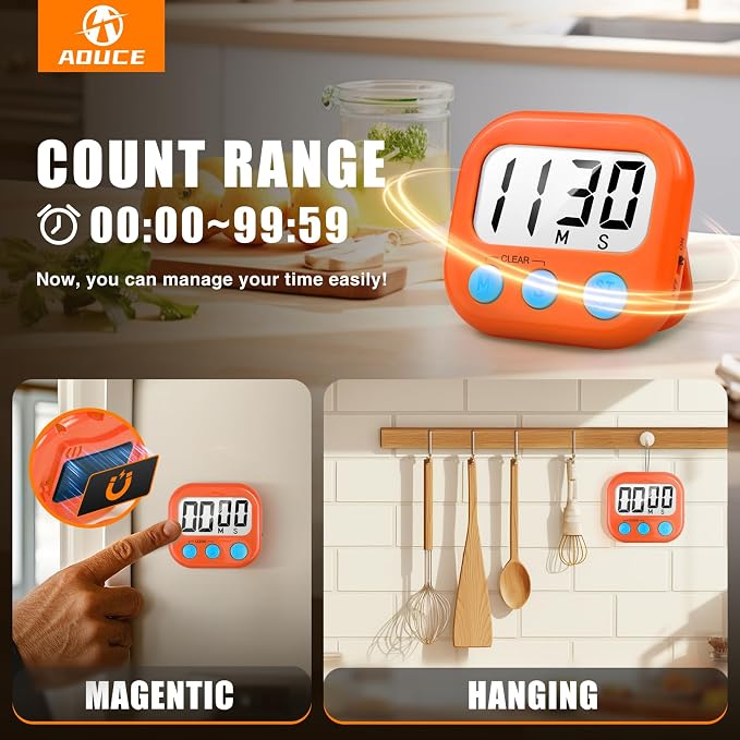 6 Pack Digital Kitchen Timer for Cooking Big Digits Loud Alarm Magnetic Backing Stand Cooking Timers for Baking Orange