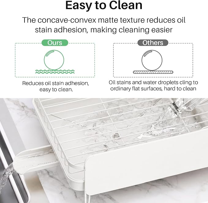 SNTD Large Dish Drying Rack for Kitchen Counter, Expandable, White | Stainless Steel Dish Drainer, Adjustable Length 18.9''-29.3'', Automatic Drainage, 360° Spout, Cutlery Holder with Knife Slot
