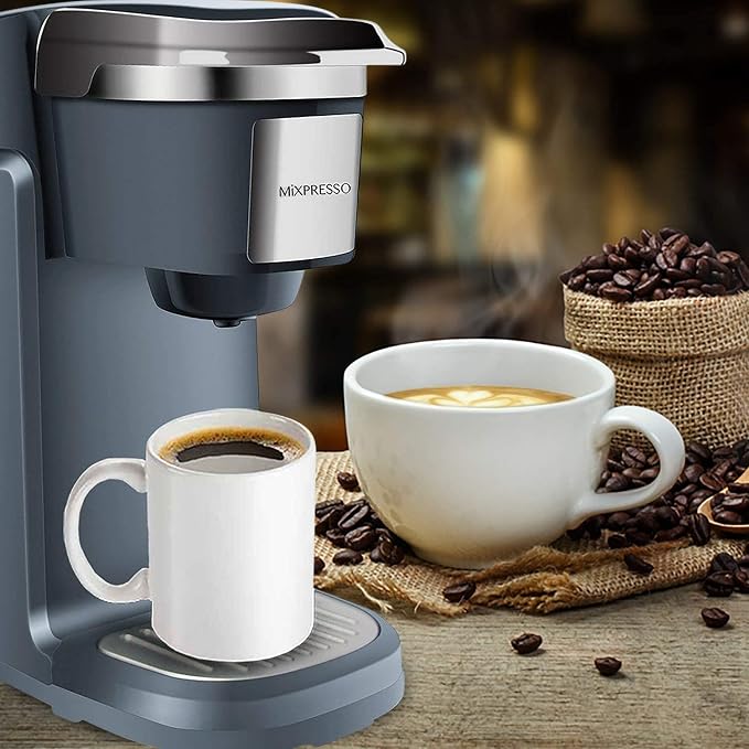 Mixpresso Single Serve Coffee Maker K Cup Coffee Maker for K Pods & Grounds | Compact 800W Gray Coffee Machine with 12 Oz Water Tank, Fast Brew & Auto Shut-Off, Small Design for Travel, Office, RV & Dorm