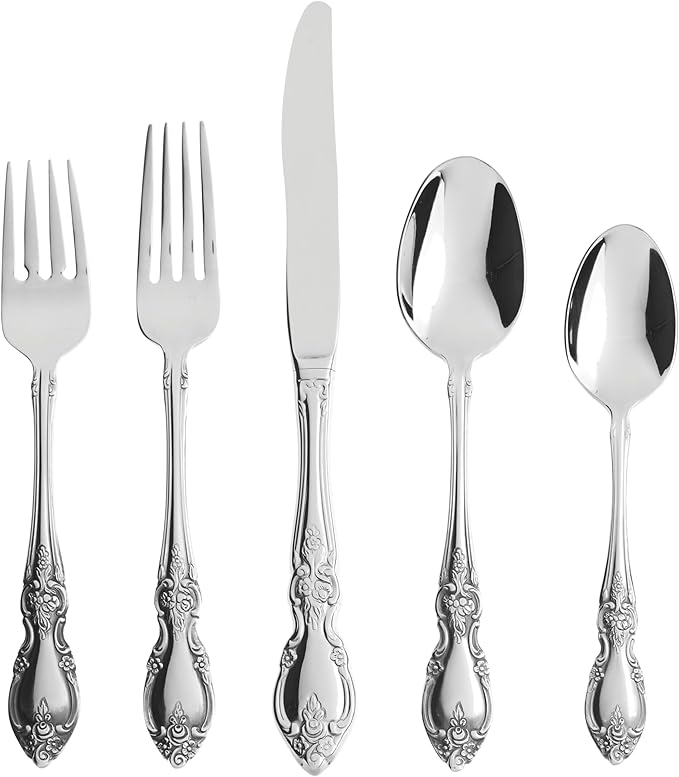Oneida Louisiana 45-Piece 18/8 Silverware Set for 8, Flatware | mirror finish, dishwasher safe | includes serving spoons and utensil set | cutlery set, wedding silverware