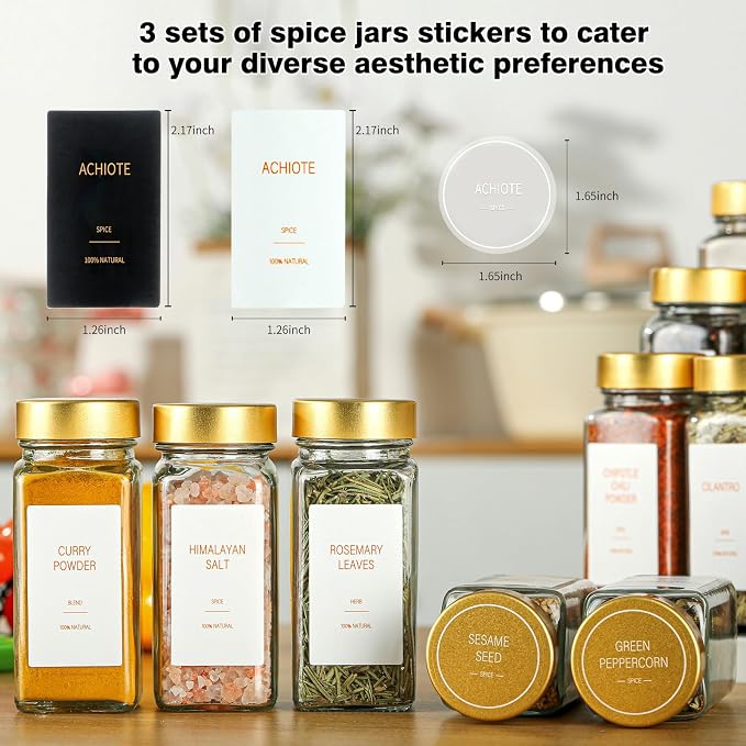 Gold Spice Jars with Label，4oz Seasoning Containers, Glass Spice Bottles with Shaker Lids,Funnel, Chalk Pen for Cabinet，Drawer，Rack (36)
