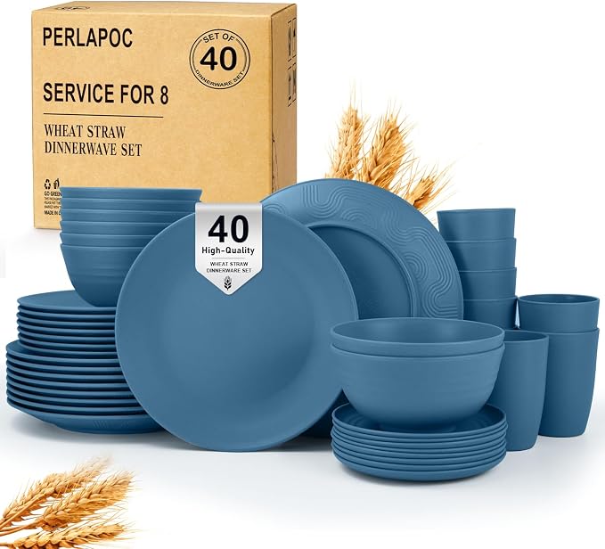 40-Piece Wheat Straw Dinnerware Sets,Unbreakable Dishes Set for 8 - Drinking Cups, Plates and Bowls Sets, Reusable Microwave Safe Dinnerware Set for Home, Outdooor, RVs - Blue