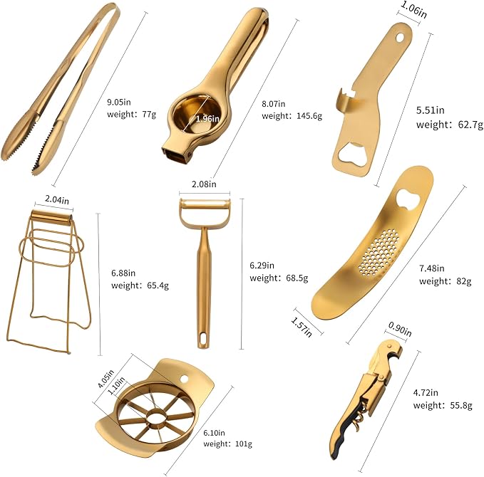 Gold Kitchen Accessories Set Tools Garlic Press Bottler Wine Opener Measuring Spoons Lemon Squeezer Vegetable Peeler Apple Cutter Kitchen Tongs Dish Holder Ice Tongs, Buyer Star, Dish Washer Safe…