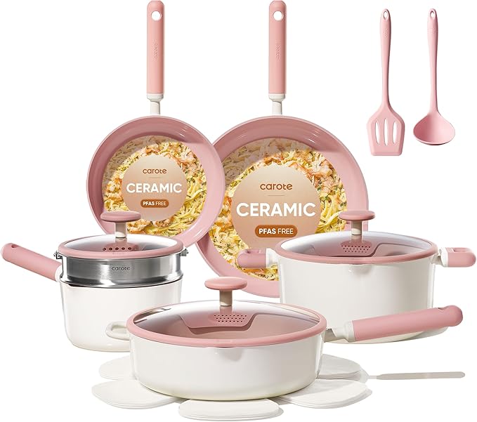 CAROTE Pots and Pans Set, Ceramic Cookware Set, 15pcs | Non-Toxic Healthy Induction Cooking Set, Dishwasher Safe, Easy to Clean, Even Heating, with Silicone Lids, PFAS FREE