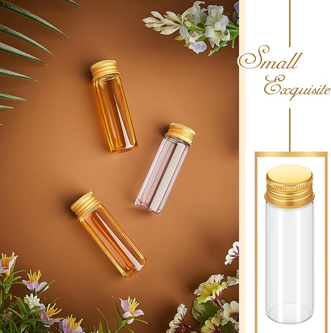 Didaey 50 Pcs Small Clear Vials Spice Mini Jars with Lids Mini Glass Bottles with Screw Aluminum Metal Caps Tiny Jars Sample Containers for Powder Cream Cosmetic Jewelry Wedding (15ml,Gold Caps)