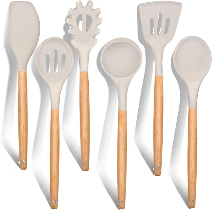 E-far Cooking Utensils Set of 6, Silicone Kitchen Utensils with Wooden Handle, Non-stick Cookware Friendly & Heat Resistant, Includes Spatula/Ladle/Slotted Turner/Serving Spoon/Spaghetti Server(Khaki)