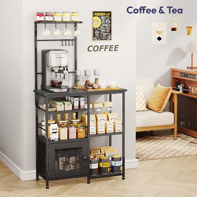 SWTYMIKI Bakers Rack with Storage - Coffee Bar Cabinet Organizer with 8 Hooks, Shelves & Cabinet Door, Coffee Station for Kitchen Dining Room, Microwave Stand with Adjustable Feet, Black