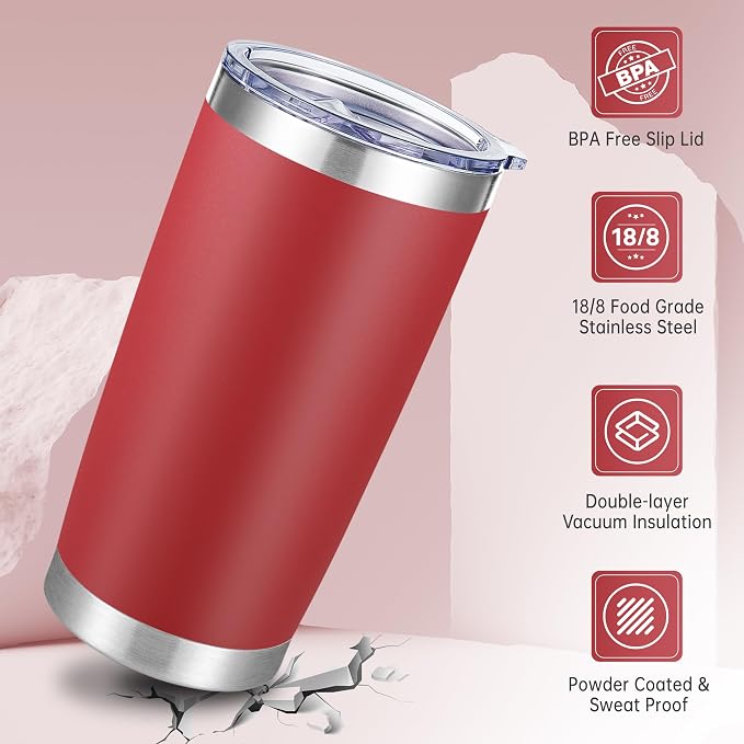 20 oz Tumblers Stainless Steel Tumbler with Lid, 1 Pack | Wine Red, 20oz Insulated Coffee Mug, Double Wall Vacuum, Powder Coated Cup, for Hot and Cold Drinks