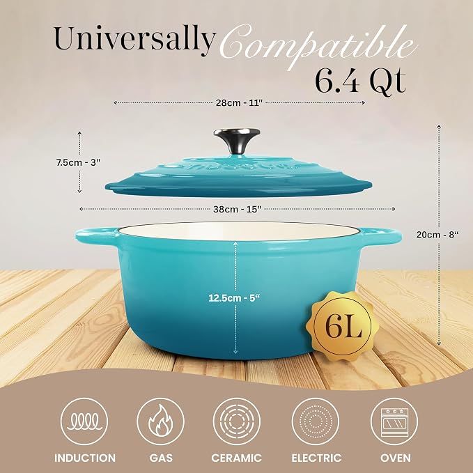 Nuovva Enamelled Cast Iron Dutch Oven Pot with Lid-6.4 Quart Non Stick Casserole Pot-Heavy Duty & Oven Safe up to 500° F for Bread Baking, Braising, Stews, Roasting - 28cm Teal