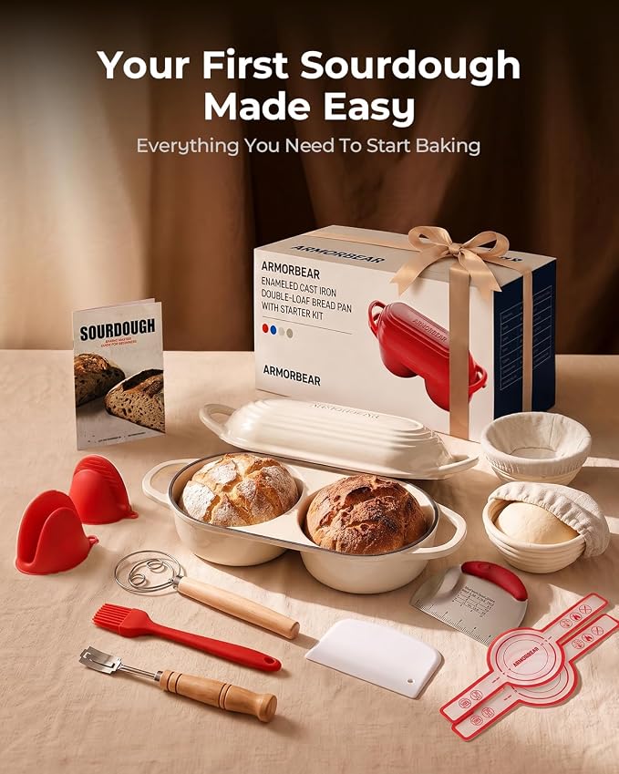 Sourdough Bread Baking Kit with Double Loaf Cast Iron Bread Pan, White | Bakes two mini loaves at once with banneton proofing baskets included