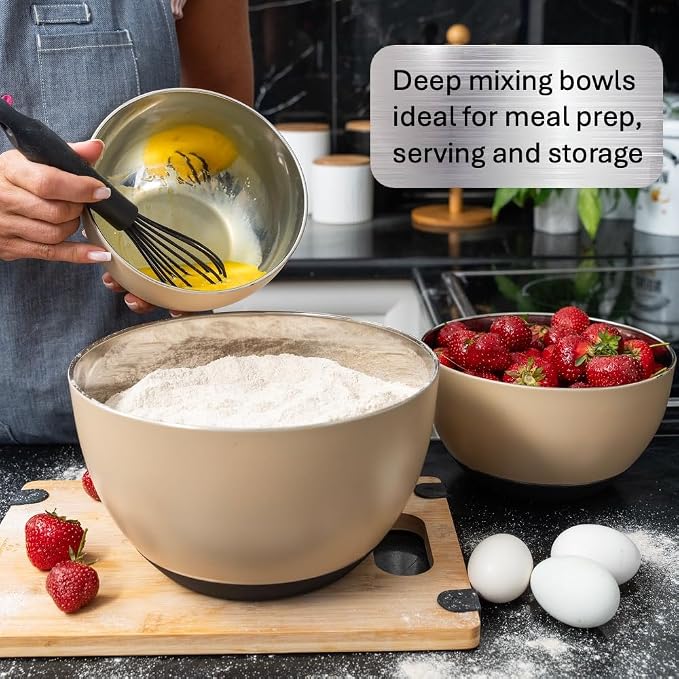 Stainless Steel Mixing Bowls Set, 3-Piece with Silicone Base | 1.5, 3 & 5 Qt Metal Bowls for Meal Prep, Baking, Cooking, Serving & Food Storage, Non-Slip Base, Dishwasher Safe, Tan