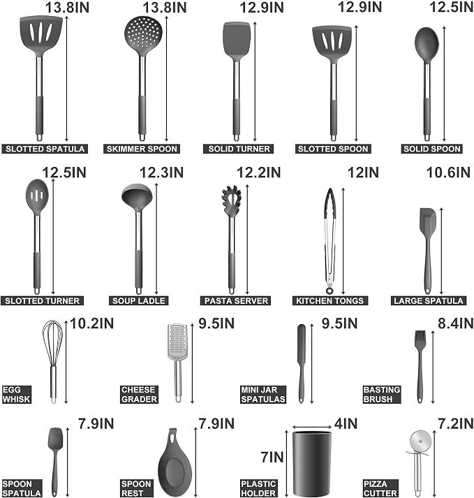 E-far Silicone Cooking Utensils Set, 30-Piece Gray Kitchen Utensils Set | Heat Resistant Nonstick Cookware, Kitchen Tools Spatulas with Stainless Steel Handle, Spatulas Turner Tong Spoon Whisk Ladle