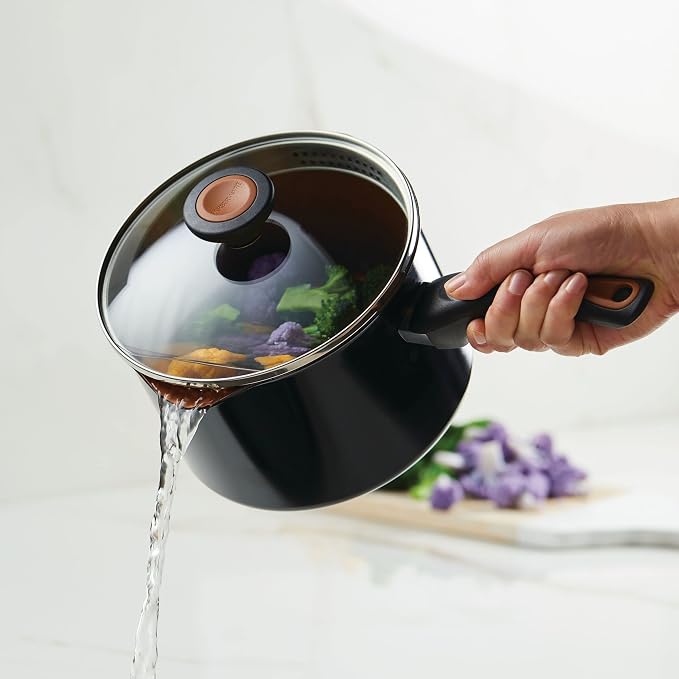 Farberware Glide Copper Ceramic Nonstick Straining Sauce Pan with Lid, 3-Quart, Black