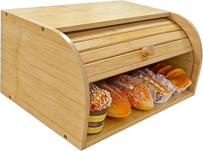 Natural Bamboo Roll Top Bread Box for Kitchen Countertop | Food Storage Container with Assembly Required with rolling lid, vintage food keeper for muffins, bagels, cookies